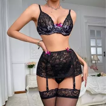 Модный взрывной кружевной атласный лиф с косточками, стринги, маленькая юбочка, сексуальное полое секс-нижнее белье с чулками S