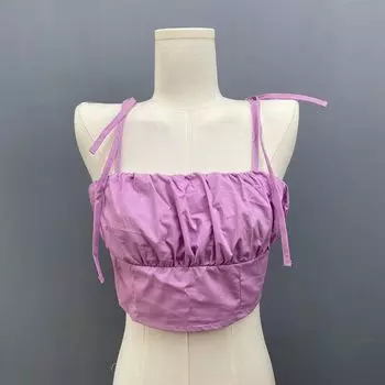 Fashion Export Women s Cotton Tied Spaghetti-Strap Elastic Pure Color off Shoulder Slim-Fit Super Short Inner Wear Base Pleated Tube Top Purple M