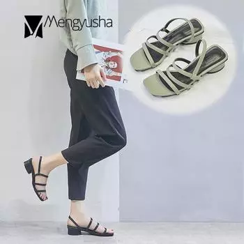 Fashion Fairy slip on round med high heels sandals women open toe narrow band gladiator sandalias fresh square toe green student sandale 5 зелёный