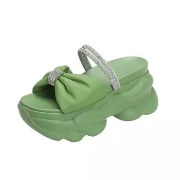 Fashion fairy style bow cool slippers female summer wear foreign style new thick bottom heightening rhinestone two wear slippers 34