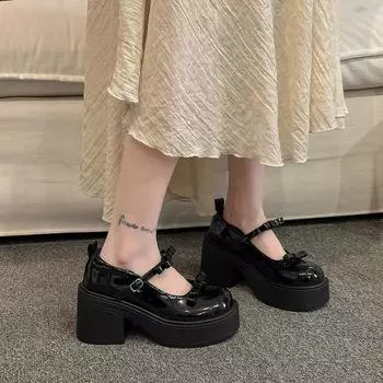 Fashion fairy style high-heeled Mary single shoes spring and summer new Korean version one-word buckle with thick heel women s platform small 35 чёрный