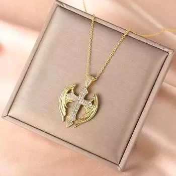 fashion Fairy Wings Jewelry Gift Cross Retro Necklace Fashion Cross Handmade золотистый