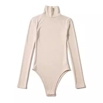 Fashion Fall and Winter New Brushed Slightly Velvet Elastic Silm Crotch Women s T-shirt One-Piece One-Piece Long Sleeves Turtleneck Tops Apricot color S