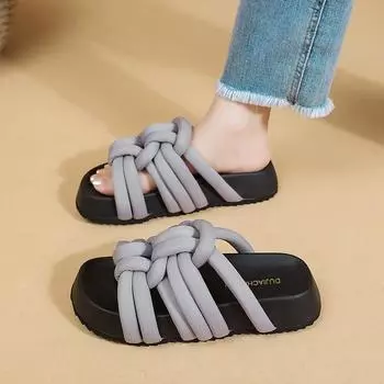 Fashion Famous Designer s Women s Sandals Ribbon Braided Summer Beach Sandals and Slippers Comfortable and Wear-resistant Flat Shoes 35 серый