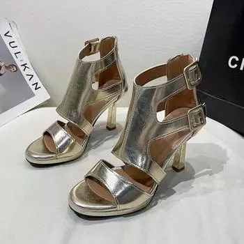 Fashion Fashion Belt Buckle Hollowed-out Waterproof Platform High Heels Women s Summer New Open-toed Skinny Roman Sandals 35 серебряный