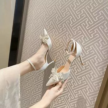 мода Модные женские туфли на высоком каблуке со стразами и бантом, белые, с острым носком, сандалии-шпильки из атласа для женщин, универсальные сандалии премиум-класса 34 чёрный