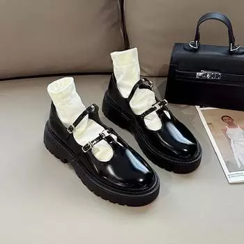 Fashion Fashion Buckle 2024 New Women s High Heels Autumn Mary Jane Round Toe Shallow High Heels Women s Dress Thick Heels Zapatos 35 чёрный