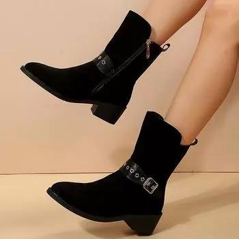 fashion Fashion Buckle Band Decor Womens Riding Boots Side Zipper Thick Heels Ankle Boots Woman New Trend Solid Color Female Botas Mujer 35 чёрный