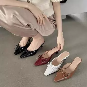 Fashion Fashion Butterfly-Knot Ladies Thin Heels Shoes Pointed Toe Pumps Slides Footwear Women Medium Heels Female Slippers Mules 2024 35 красный