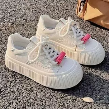 Модные повседневные женские туфли с большой головкой из вулканизированной кожи весна-осень новые дизайнерские корейские кружевные белые кроссовки на платформе для женщин 35
