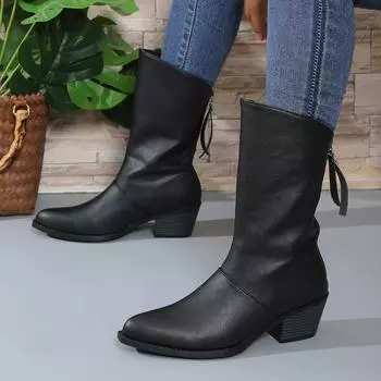 fashion Fashion Chunky Heeled Riding Boots Women Black Brown PU Leather Mid Calf Boots Woman Autumn Winter Back Zippper Botas Mujer 2024 36 чёрный
