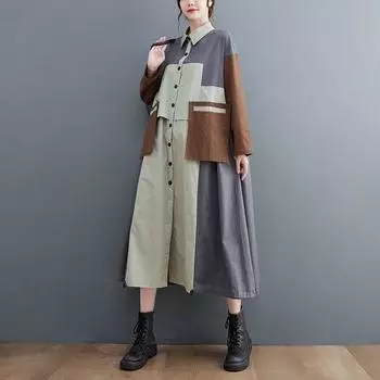 Fashion Fashion Color Contrast Loose Mid Length Long Length Trench Coat Gray Plus size free size