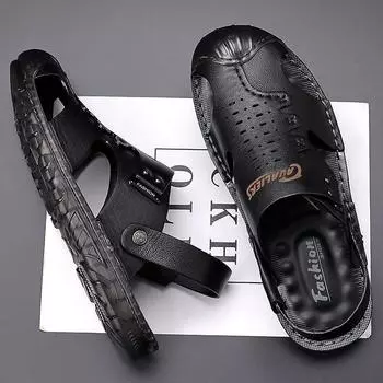 Модные удобные мужские сандалии однотонные с открытым носком мужские кожаные сандалии летние новые тапочки пляжные мужские кожаные туфли 38