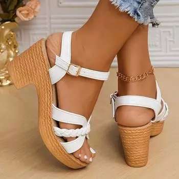 Fashion Fashion Cross Strap High Heels Sandals Women Ankle Buckle Platform Gladiator Shoes Female Pu Leather Square Heeled Rome Sandals 36 белый