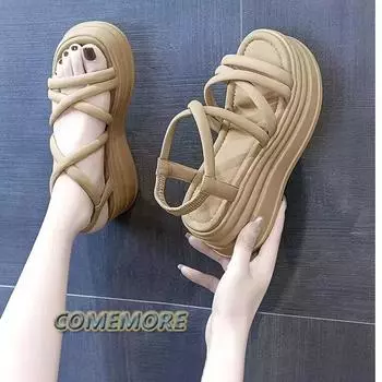 Мода Модные босоножки на танкетке с перекрестными ремешками Женские летние босоножки на толстой платформе Женские тапочки Шлепанцы на толстой подошве Шлепанцы 35 хаки