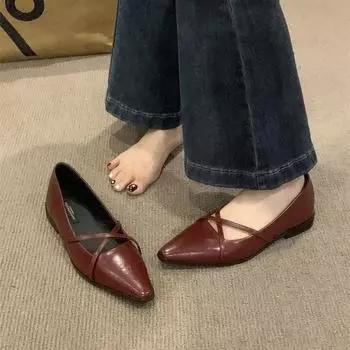 Fashion Fashion Cross Strap Women Mary Jane Shoes New 2024 Autumn Pointed Toe Dress Flat Shoe Ladies Red Soft Sole Ballet Shoes Zapatos 36 бордовый