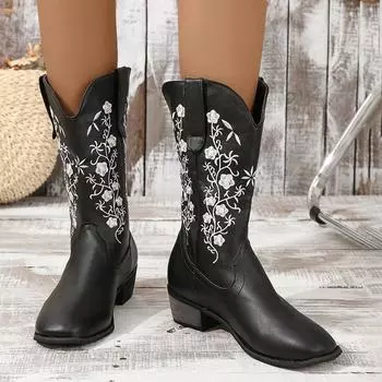 fashion Fashion Embroidered Women s Western Boots 2024 Autumn New Pointed Toe Mid-Calf Boots High-Top Thick Heel Farm/ranch Boots 37 чёрный