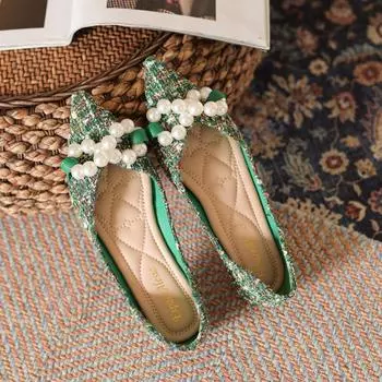 Модные зеленые мягкие туфли на плоской подошве с острым носком, женские балетки, весна 2024, новые корейские женские туфли с перламутровым бантом, офисная обувь OL 35 зелёный