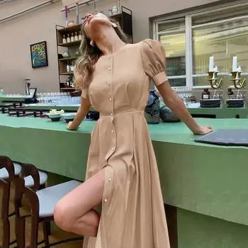 Fashion Fashion High Waist Dress Midi Dress High Waist Midi Blouse Dress Women Khaki S