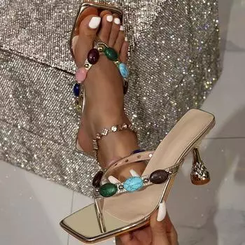 Fashion Fashion Jewel Design Clip Toe Women Slippers New Style Square Toe High Heeled Sandals Summer Casual Beach Flip Flops Slide Shoe 36 золотистый