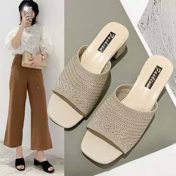 fashion Fashion Knit Women Slippers Summer Closed Toe Comfort Slippers Women Fashion Fly Weave Outdoor Sandals Medium Heel Slippers 35