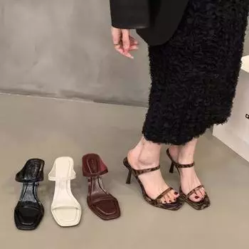 Fashion Fashion Leopard Print Footwear Metal Heels Women Pumps Slides Shoes New In 2024 Female Shallow Ladies High Heels Slippers Shoes 35 бежевый