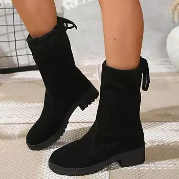 fashion Fashion Med Heels Black Ankle Boots for Women 2024 Autumn Casual Lace Up Short Boots Woman Comfort Non Slip Platform Botas Mujer 35 чёрный
