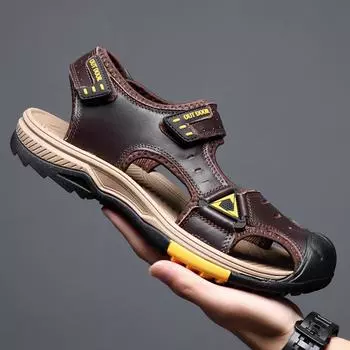 Fashion Fashion Mens Sandals Summer Breathable Genuine Leather Casual Walking Shoes Moccasins Comfy Non-Slip Slip On Handmade Sandals 38 чёрный