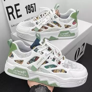 Fashion Fashion Mesh Vulcanized Shoes Men Flat Casual Lace Up Shoes Sneakers Korean Breathable Walking Sneakers Male Street Style 39 синий