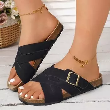 fashion Fashion Metal Buckle Cork Slippers Women Casual Cross Strap Flat Sandals Woman 2024 Summer Non Slip Outdoor Beach Flip Flops 36 чёрный