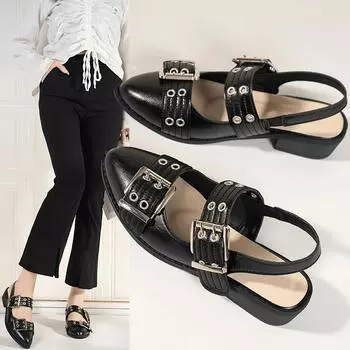 мода Модные лакированные туфли с металлической пряжкой и заклепками женские туфли-лодочки весна-лето готические туфли на толстом каблуке с открытой пяткой туфли-мюли для девочек обувь Zapatos 36 чёрный