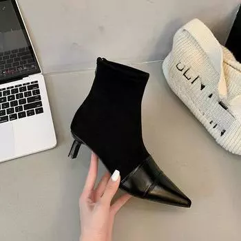 Мода Модные женские ботильоны с острым носком на среднем каблуке, дизайнерские ботинки, зимняя замшевая обувь 2024 года, трендовые готические ботинки для женщин 35 чёрный