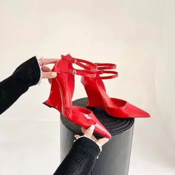 Fashion Fashion Pointed Wedge Heels Women s High Heels Fashion Double Button Lace up Sandals Wedding Party Mule Shoes 35 красный