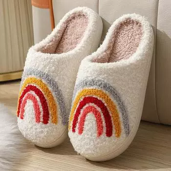 fashion Fashion Rainbow Striped Cotton Slippers Women Soft Sole Non Slip Bedroom Floor Shoes Woman 2024 Winter Warm Indoor Home Slippers 36-37