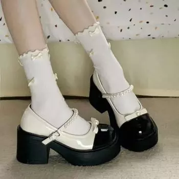 Fashion Fashion Round Toe Women s Pumps 2024 Autumn Classic Black and White Contrasting Mary Jane Shoes Sweet Beaded Girls Uniform Shoes 35 бежевый
