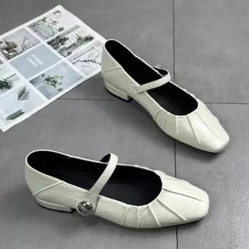 Fashion Fashion Sandals Women s Shoes 2024 Versatile Square Heel Women s Shoes Summer Square Toe Pleated Metal Buckle Mary Jane Shoes 35 бежевый