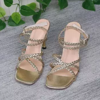 Fashion Fashion Sandals Women s Summer New Square Head Braided Thin Sandals with Large Size Women s Shoes 36 золотой