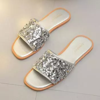 Fashion Fashion sequin half drag black flat women s shoes new comfortable soft soled one line flat slippers for women 36 серебряный