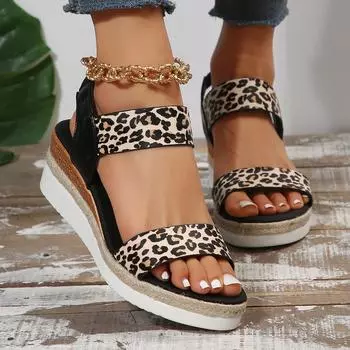 fashion Fashion Sexy Leopard Wedge Heel Sandals Women Elastic Band Thick Bottom Sandles Outdoor Non Slip Femme Sandalias 36