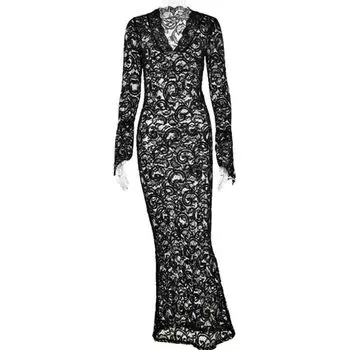 Fashion Fashion Sexy Slim Long Sleeve Dress Long Dress Sexy Bodycon Lace Maxi Dress Black S
