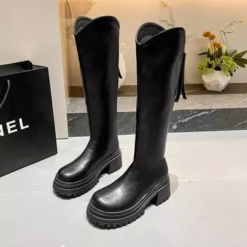 fashion Fashion Shoes for Women 2024 New Women s Knee Length Boots Solid Color Chunky Zipper High Heels Female Shoes Botines De Mujer 35 чёрный