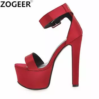 Модные шелковые летние женские босоножки, сексуальные, на платформе, на высоком каблуке 16 см, шлепанцы с ремешками, вечерние, свадебные, вечерние туфли, женские, большого размера 34 чёрный