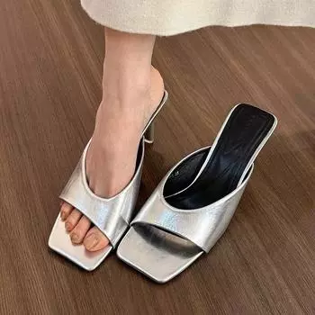 Fashion Fashion Summer Women Sandals New 2024 Sexy Thin High Heels Slippers Square Toe Ladies Heel Mules Shoes for Woman Zapatos Mujer 35 бежевый