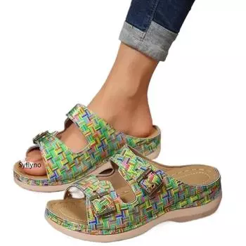 Модные летние женские тапочки с закрытым носком, летние туфли, удобные женские сандалии на танкетке с двойной пряжкой, повседневные тапочки большого размера 35-43 35 коричневый