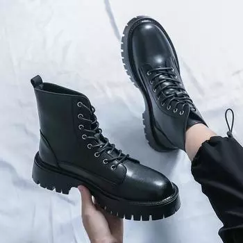 Fashion Fashion Trend Patent Leather Men Boots British Style Thick Bottom High-top Lace Up Men Boots Comfortable and Non Slip Upper Boot 38 коричневый