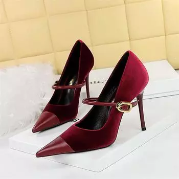 Fashion Fashion Version Party Thin High Heel Women Shoes Velvet Shallow Mouth Pointed Toe Metal One-line Buckle Single Shoes 34(Foot22cm)