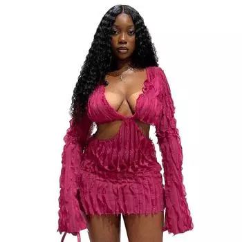 Fashion Fashion Wave Pattern Sexy Dress Mesh Rose Red M