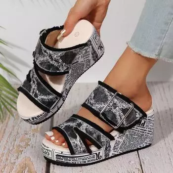 Fashion Fashion Wedges Shoes Women New Summer Flat Strap Buckle Design Slippers Women Blue Slope Heel Slippers Ladies Denim Beach Sandal 36 чёрный