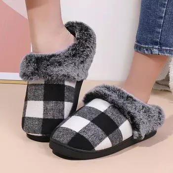 fashion Fashion Winter Toe Wrap Pluffy Plaid Cotton Slippers Couple Soft Sole Slides Men Women Indoor Floor Flat Home Non-Slip Shoes 36-37 серый