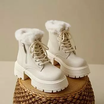 Fashion Fashion Women Ankle Boots Winter new Pu Leather Platform Plush Short Boots Women classic Lace Up Side Zipper Motorcycle Boots 35 покинуть белый